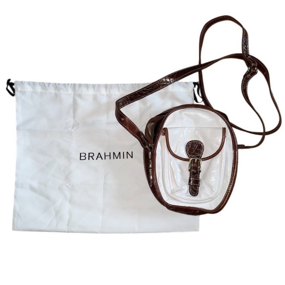 Brahmin Crossbody Bag Womens Small White ivory Brown Adjustable Strap w Dust bag